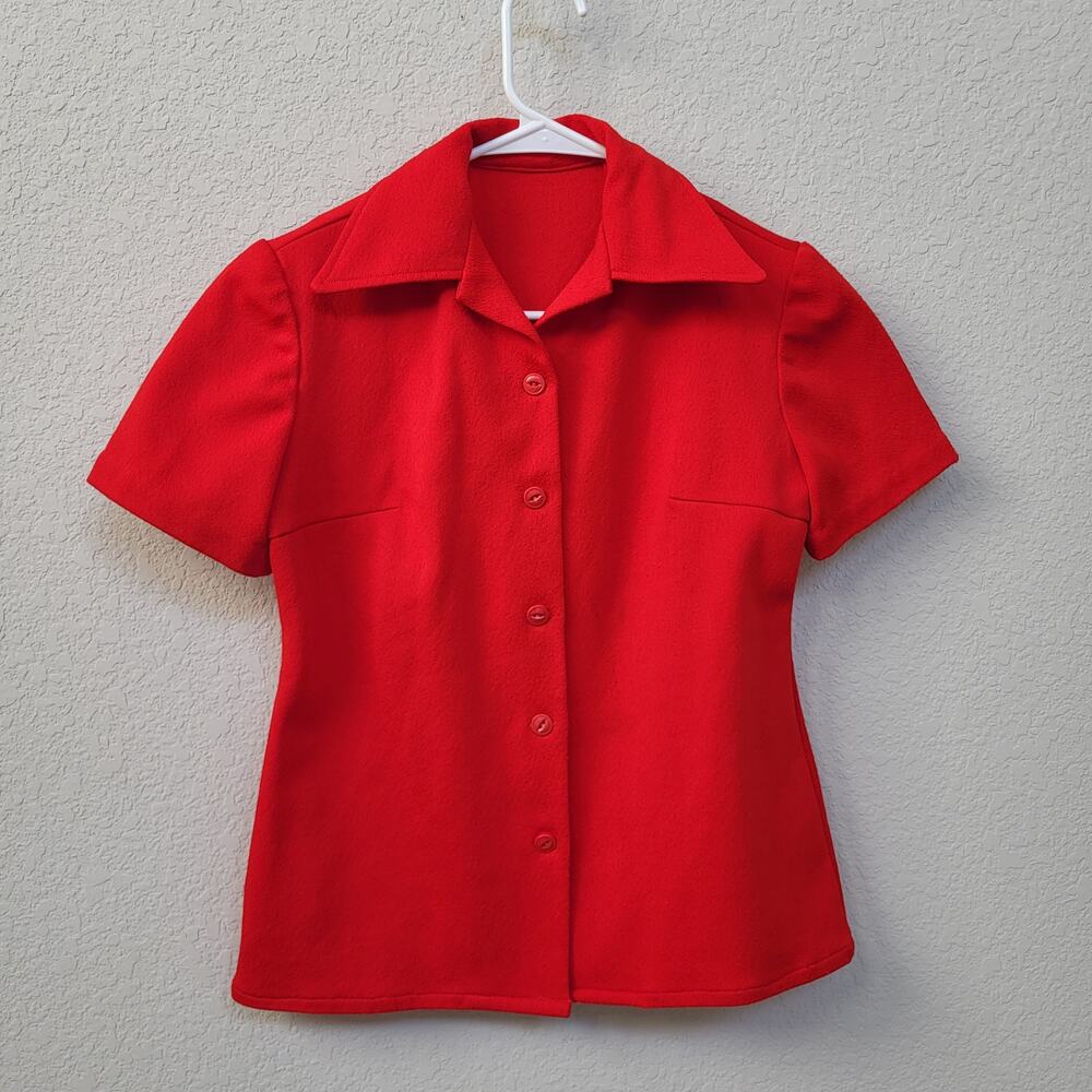 Handmade Vintage Top Womens XS Red Shirt 70s Retro Button Up Short Sleeve